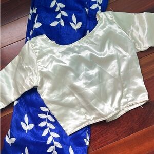 Silk Cream Blouse with Blue Leaf Patterned Scarf
